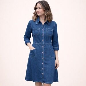 William B‎ Denim Maxi Dress Womens Small Pearl Snap Buttons Western Stretch USA